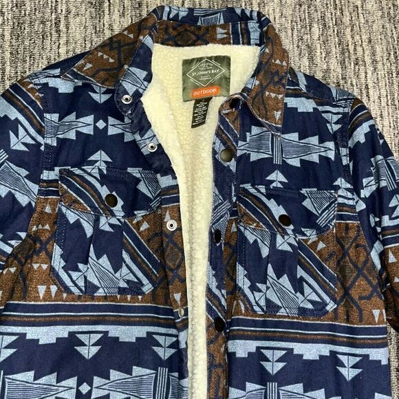 St John‘s Bay Men’s Size Small Outdoor Jacket Shearling Lined‎ Brown Blue Aztec - Picture 2 of 8